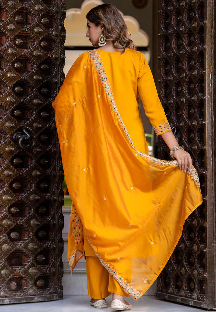 Yellow Silk Readymade Pant Style Suit