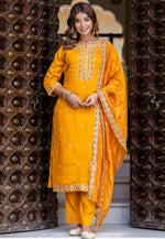 Load image into Gallery viewer, Yellow Silk Readymade Pant Style Suit

