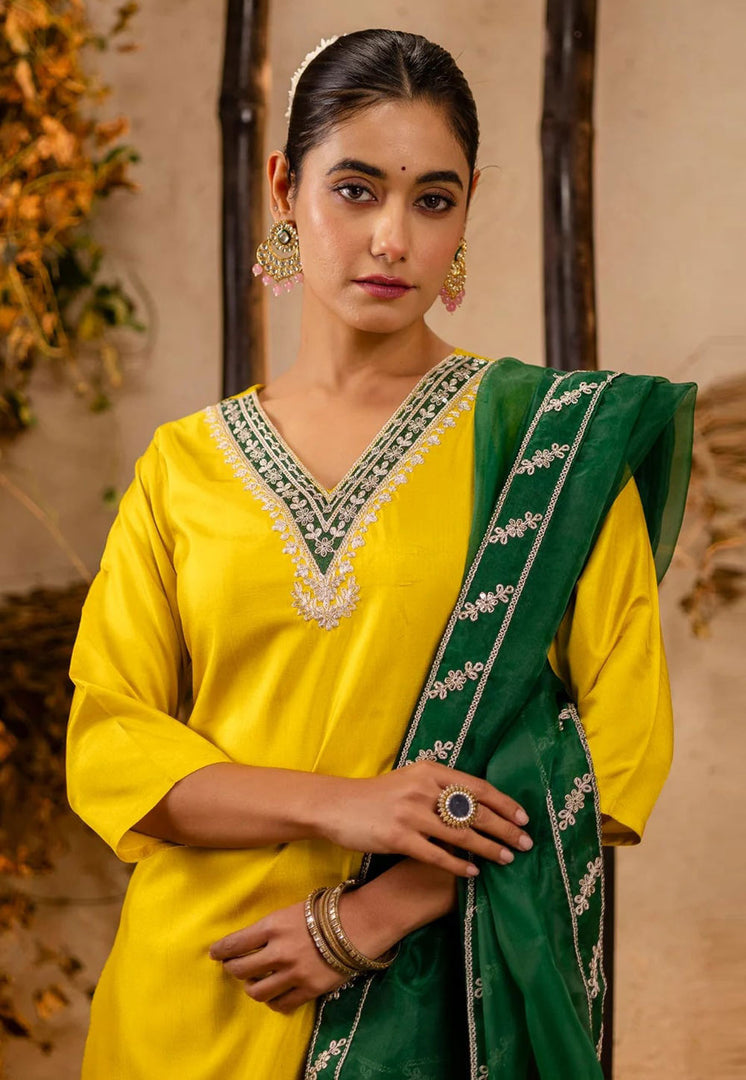 Yellow Silk Readymade Pant Style Suit