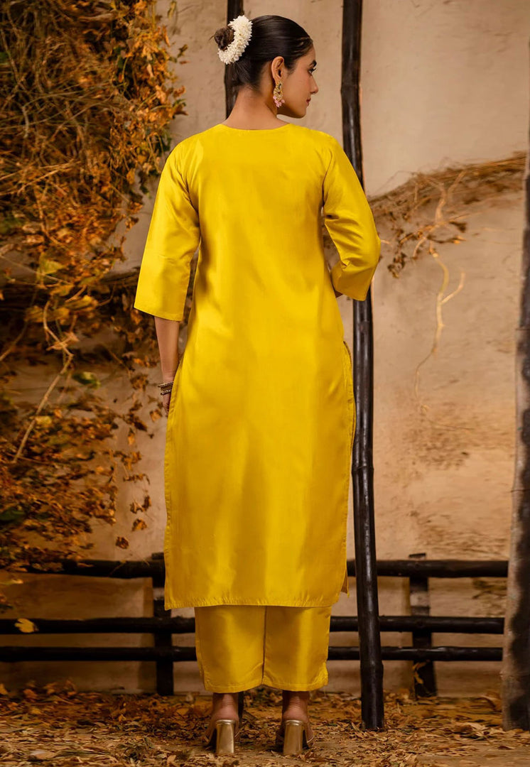 Yellow Silk Readymade Pant Style Suit