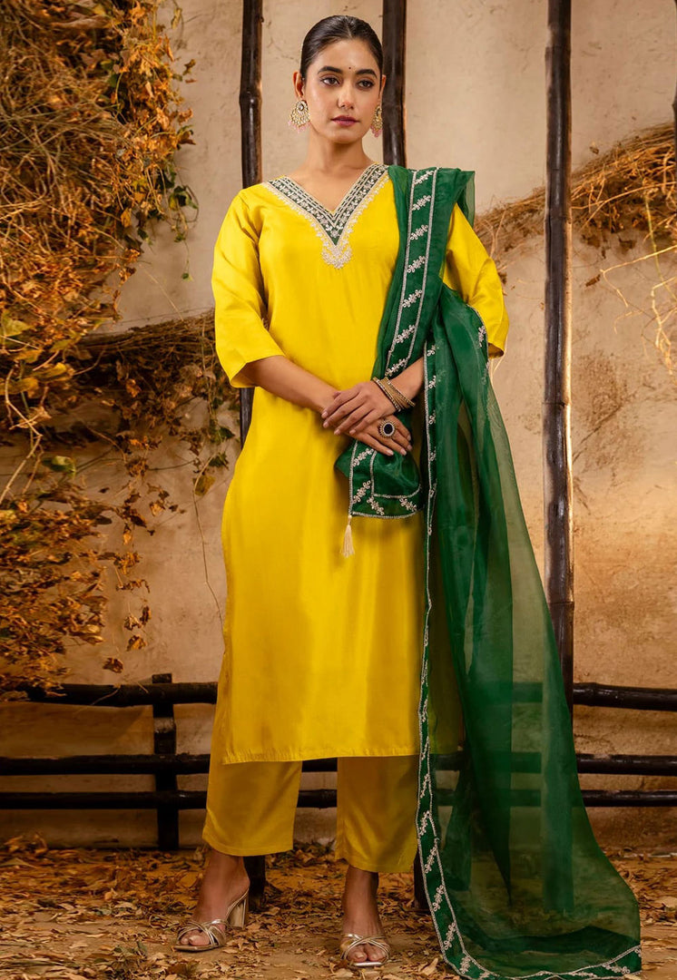 Yellow Silk Readymade Pant Style Suit
