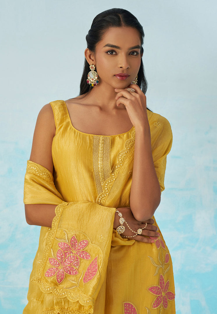 Yellow Silk Readymade Pant Style Suit