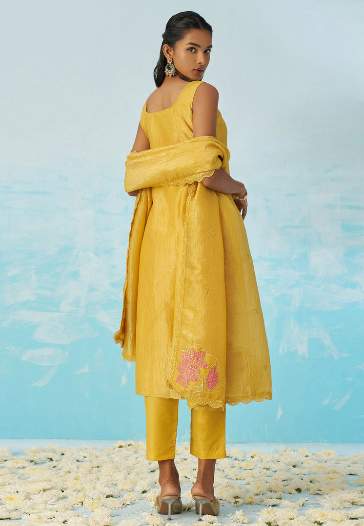 Yellow Silk Readymade Pant Style Suit