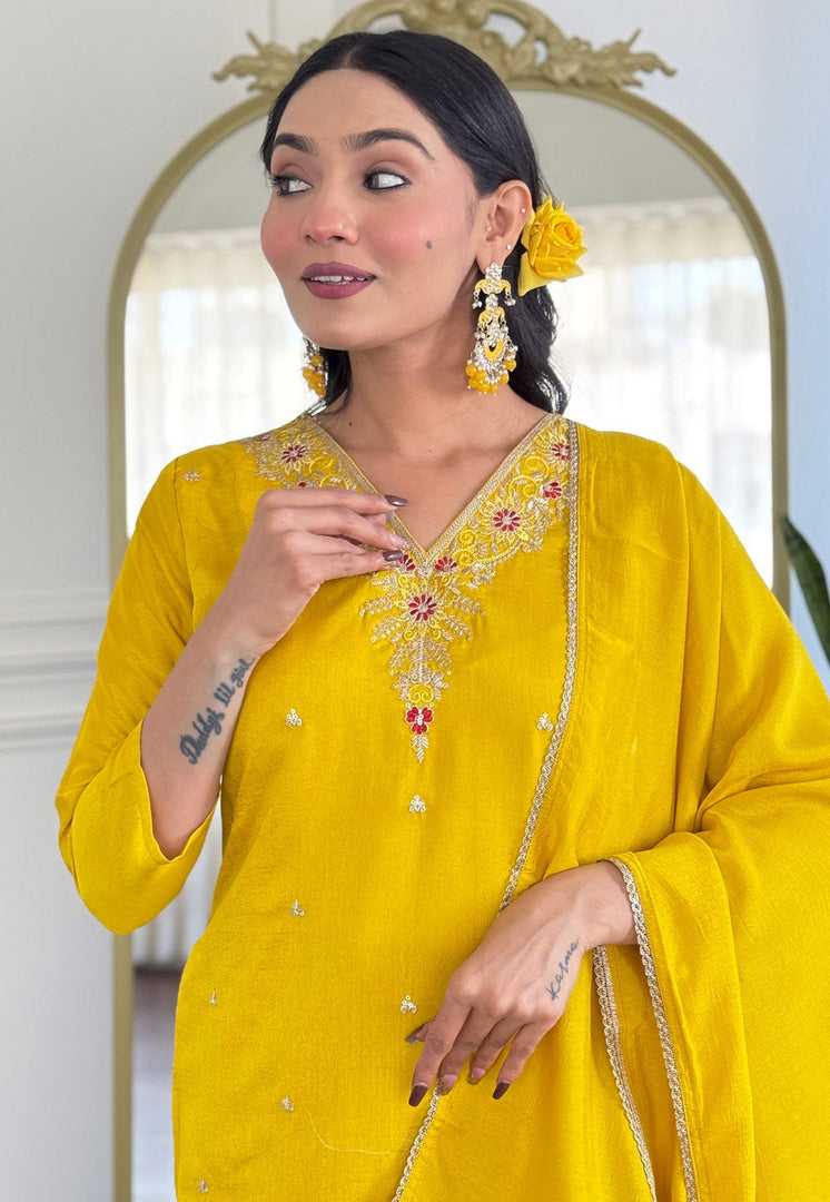 Yellow Silk Readymade Pant Style Suit