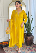 Load image into Gallery viewer, Yellow Silk Readymade Pant Style Suit
