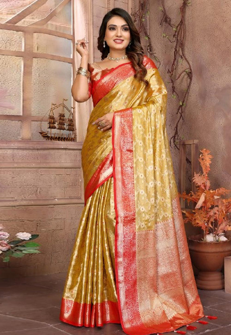 Yellow Tissue Silk Saree With Blouse