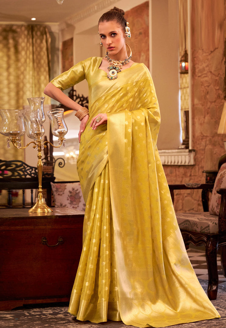 Yellow Tissue Silk Saree With Blouse