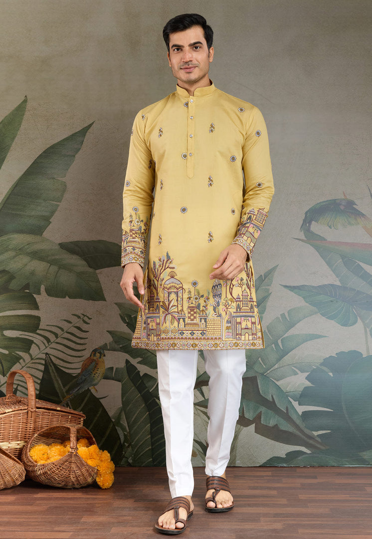 Yellow Viscose Kurta Pajama With Stole