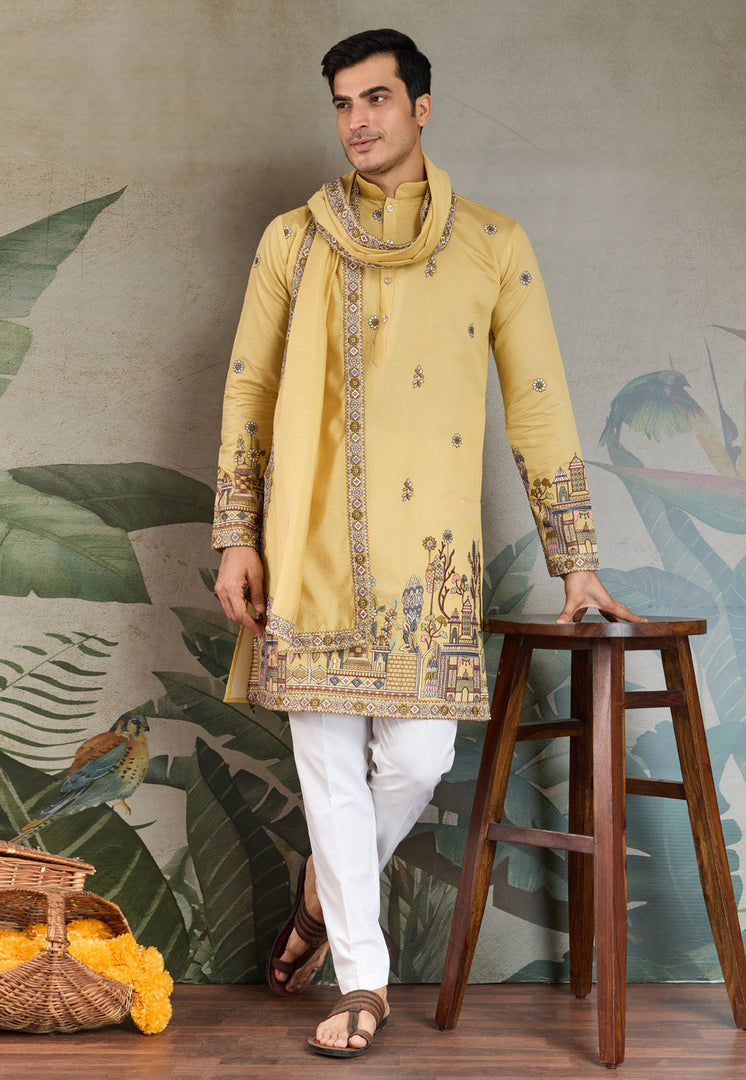 Yellow Viscose Kurta Pajama With Stole