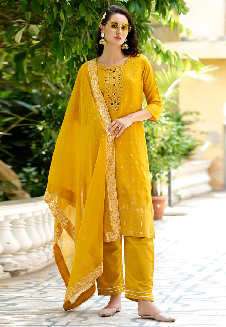Yellow Viscose Rayon Readymade Pakistani Suit