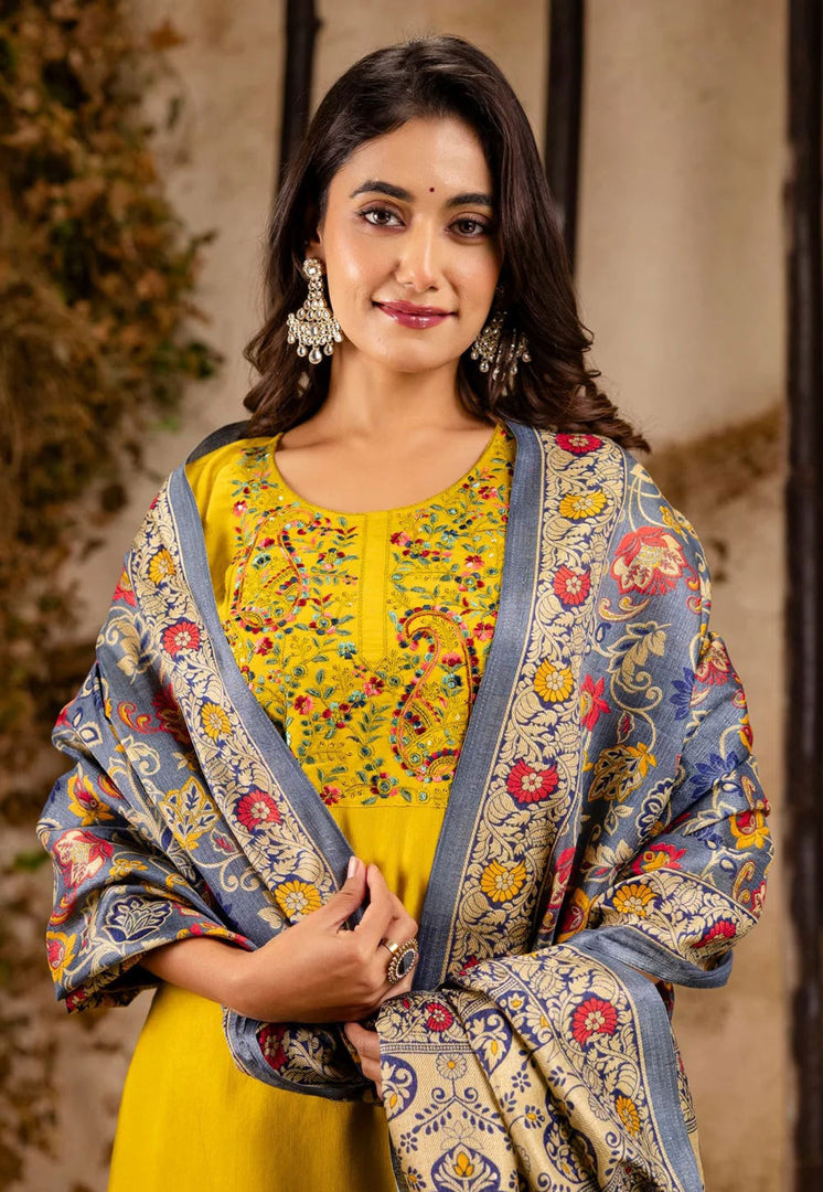Yellow Viscose Rayon Readymade Pant Style Suit