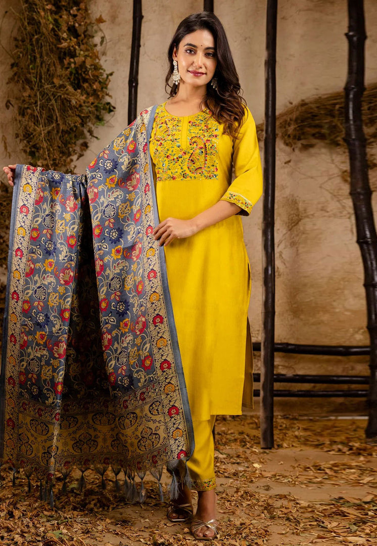 Yellow Viscose Rayon Readymade Pant Style Suit