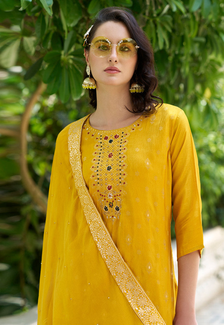 Yellow Viscose Rayon Readymade Pant Style Suit