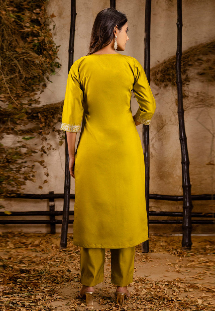 Yellow Viscose Rayon Readymade Pant Style Suit