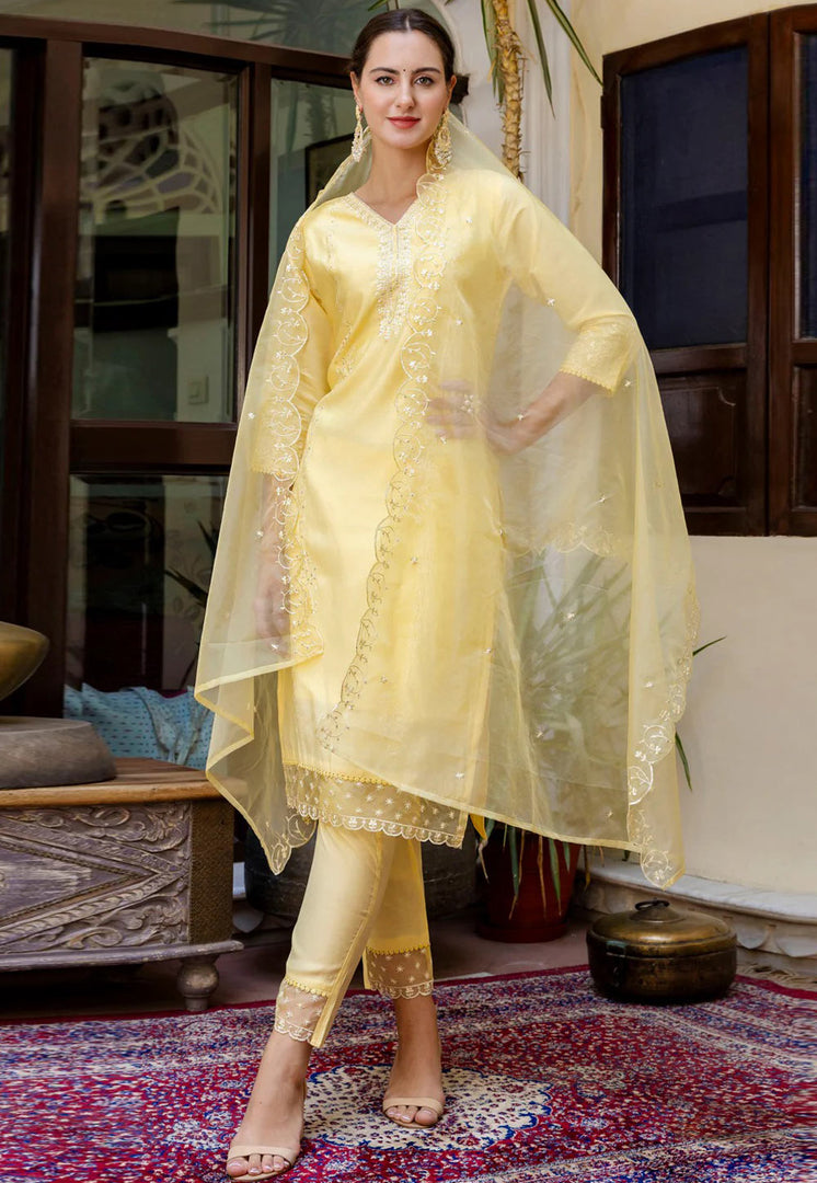 Yellow Viscose Readymade Pant Style Suit