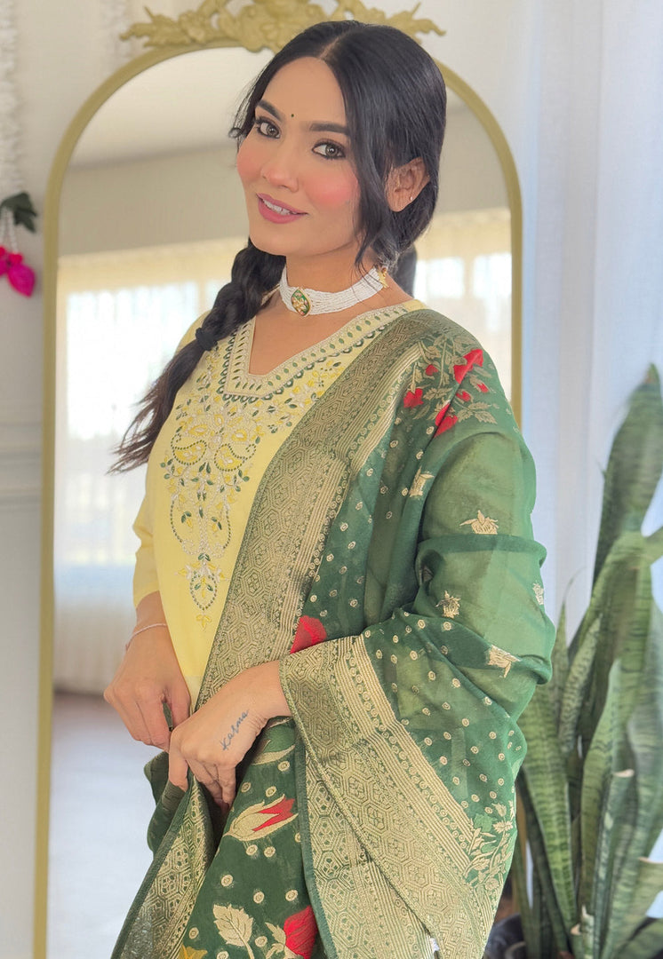 Yellow Viscose Readymade Pant Style Suit