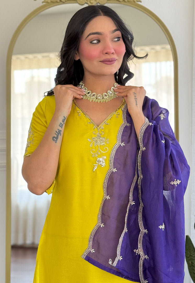 Yellow Viscose Readymade Pant Style Suit