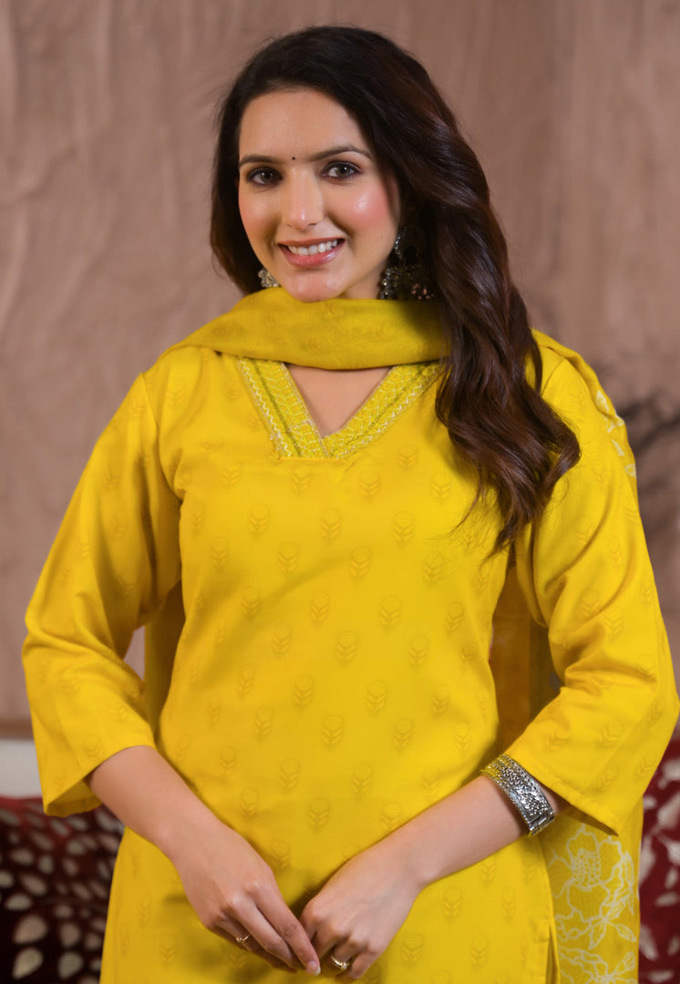 Yellow Viscose Readymade Pant Style Suit