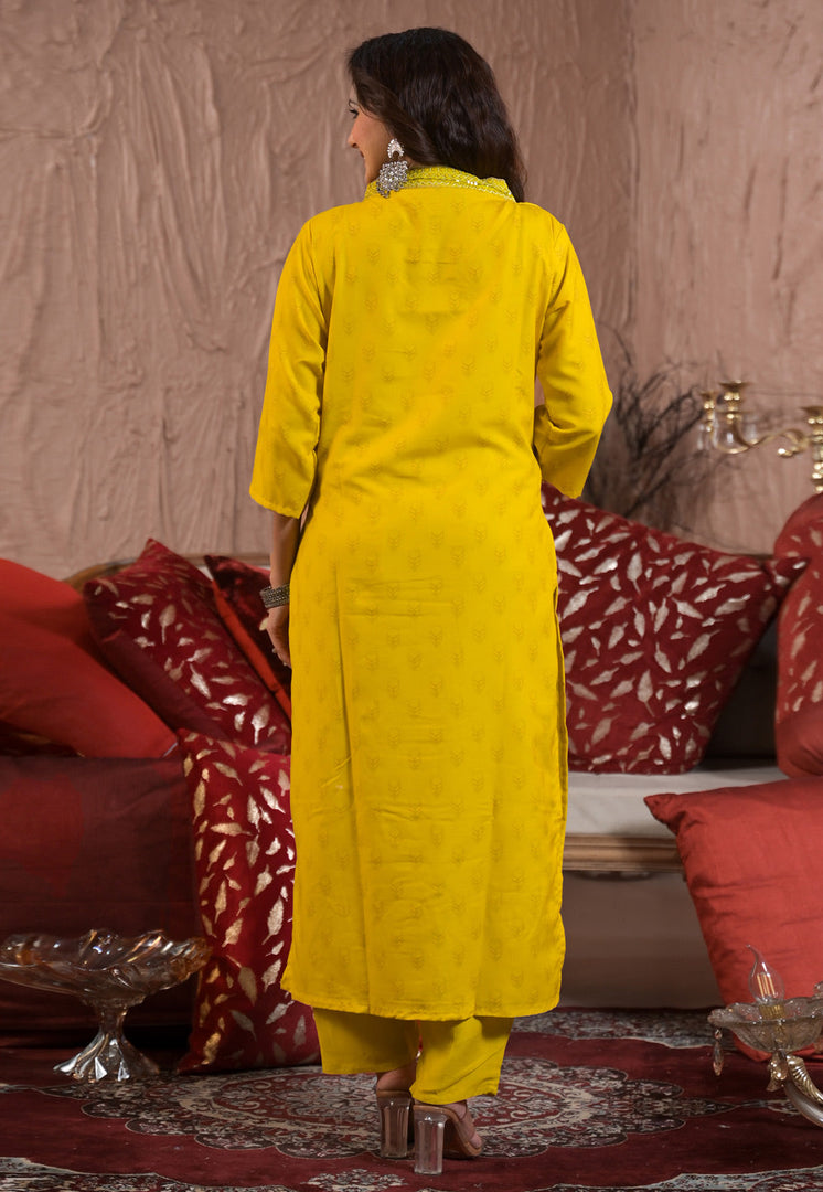 Yellow Viscose Readymade Pant Style Suit